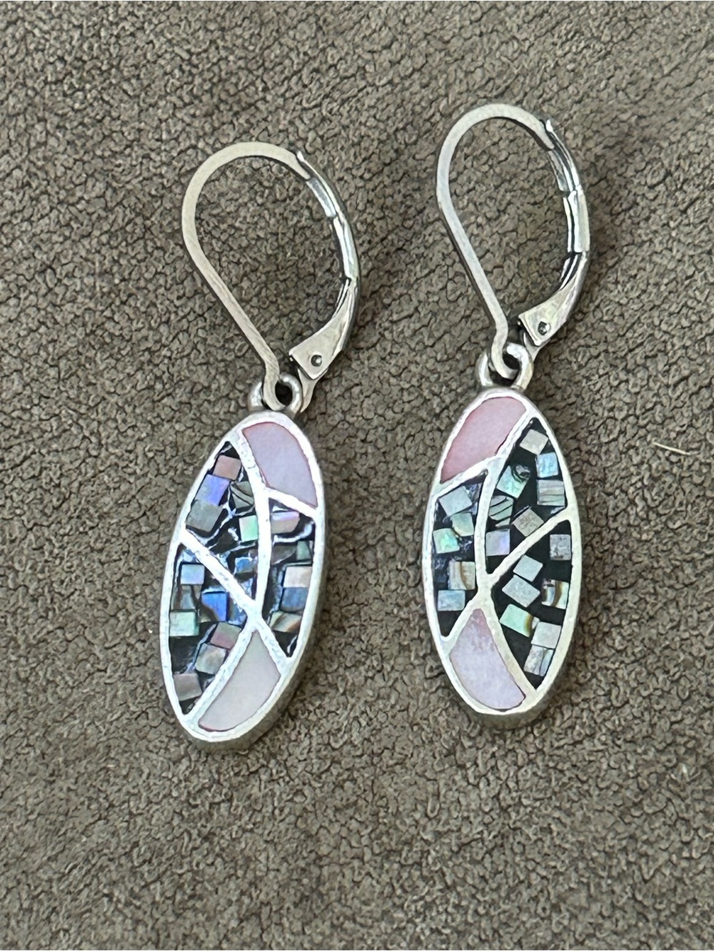 Sterling Silver Pink Inlay Mosaic Drop Earrings Thailand
